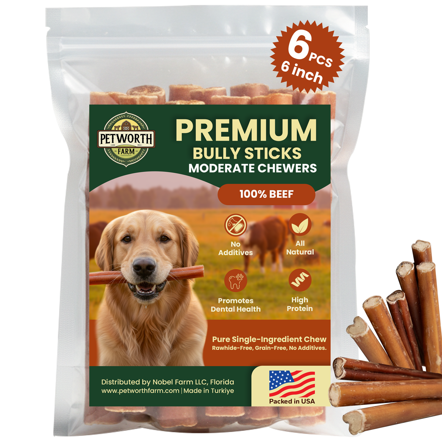 6 Pack 6" Standard Beef Bully Sticks