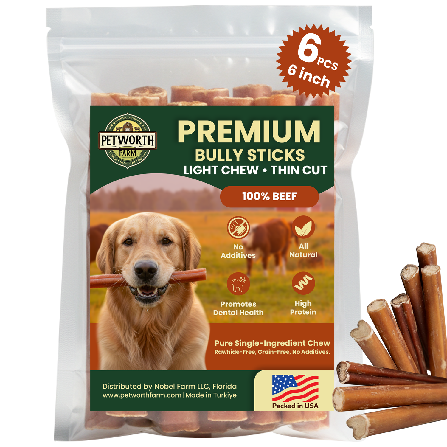 6 Pack 6" Thin Beef Bully Sticks