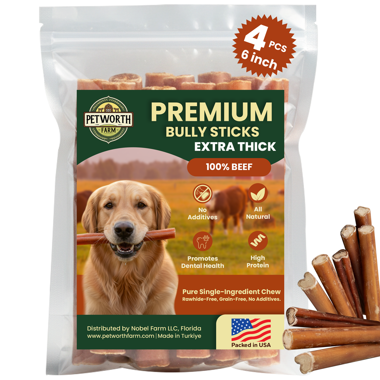 4 Pack 6" Jumbo Beef Bully Sticks