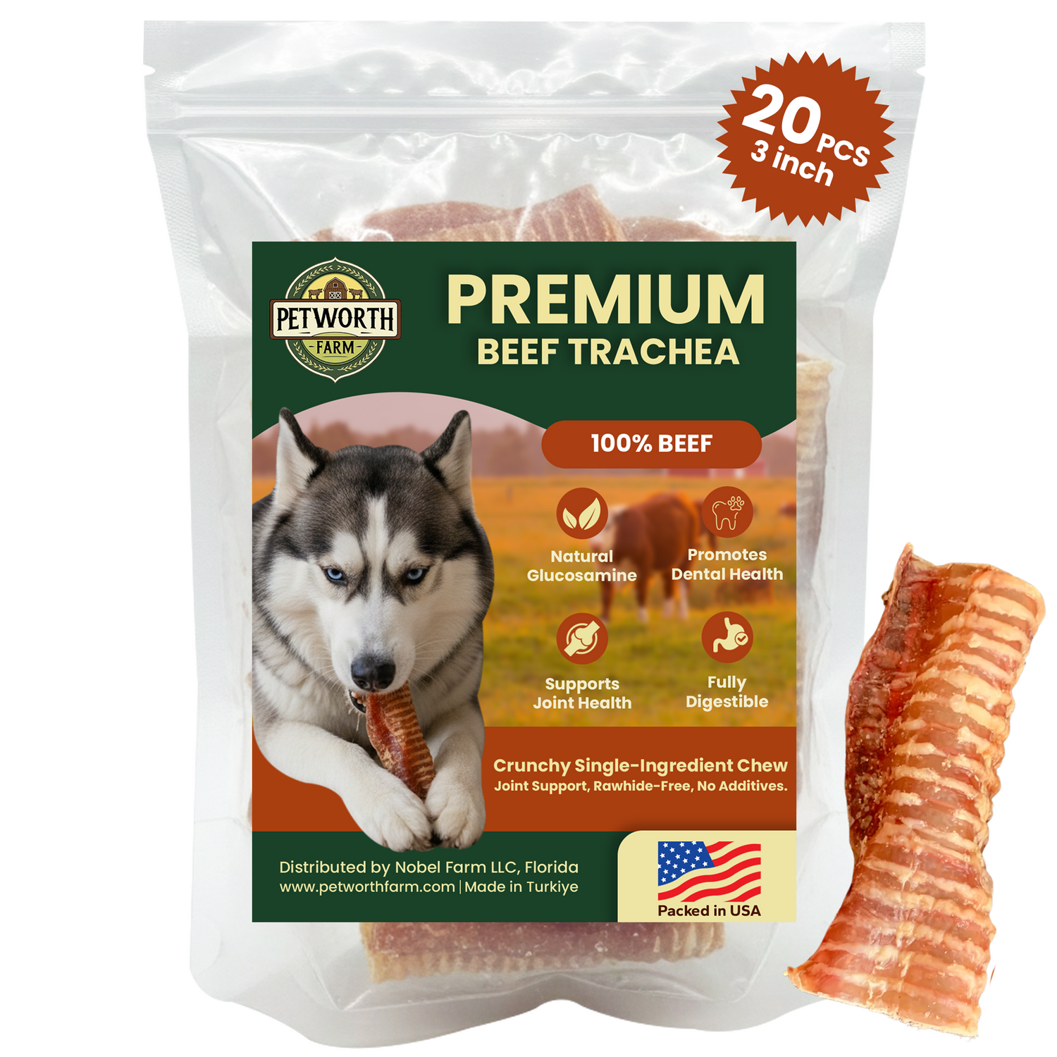 20 Pack 3" Beef Trachea