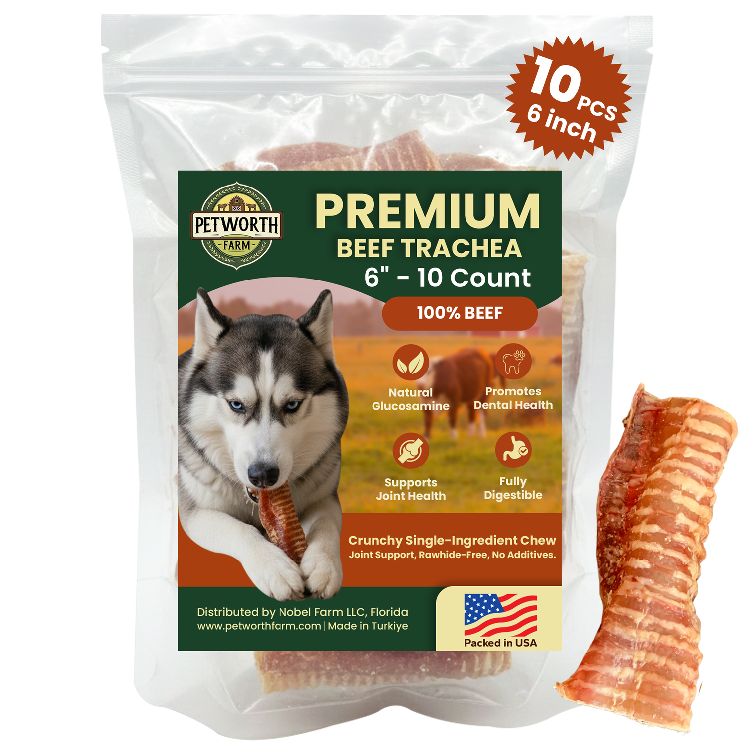 10 Pack 6" Beef Trachea