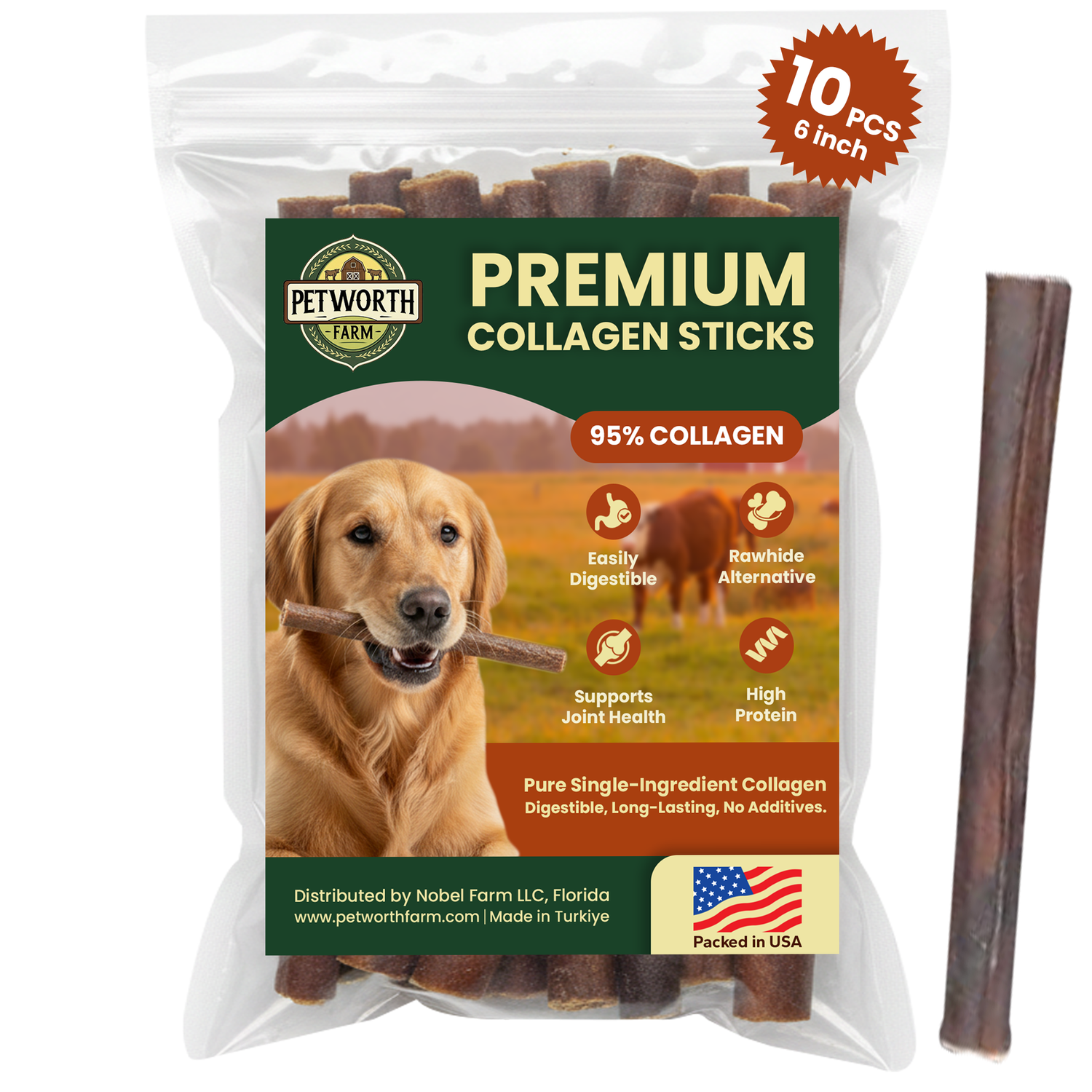 10 Pack 6" Standard Beef Collagen Sticks